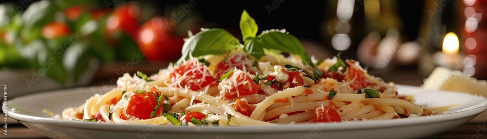Tasty Spaghetti dish with tomatoes and basil, crafted beautifully on a white plate, perfect for Italian cuisine and food photography enthusiasts. Tasty Spaghetti dish with tomatoes and basil, crafted beautifully on a white plate, perfect for Italian cuisine and food photography enthusiasts.