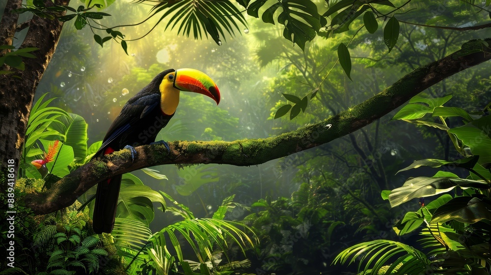 Fototapeta premium In the Amazon rainforest jungle, a tucan perches on a tree. An Stock photograph.