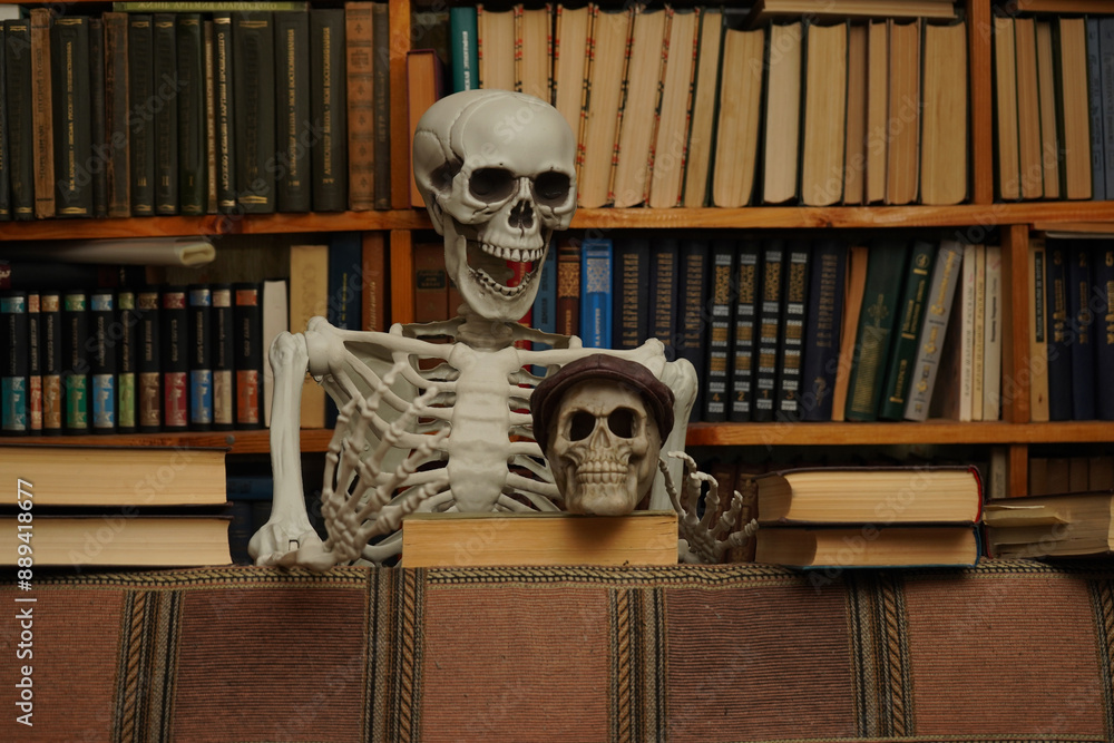 Human skeleton and skull in cap. Bookshelves with books. Human skeleton and skull in cap. Bookshelves with books.