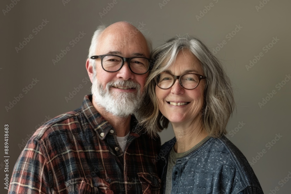 Portrait of a smiling couple in their 50s dressed in a relaxed flannel shirt in bare monochromatic room Portrait of a smiling couple in their 50s dressed in a relaxed flannel shirt in bare monochromatic room