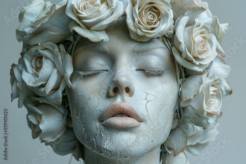 An abstract image of a woman's sculpture with roses blooming through its crevices, against a light gray background.