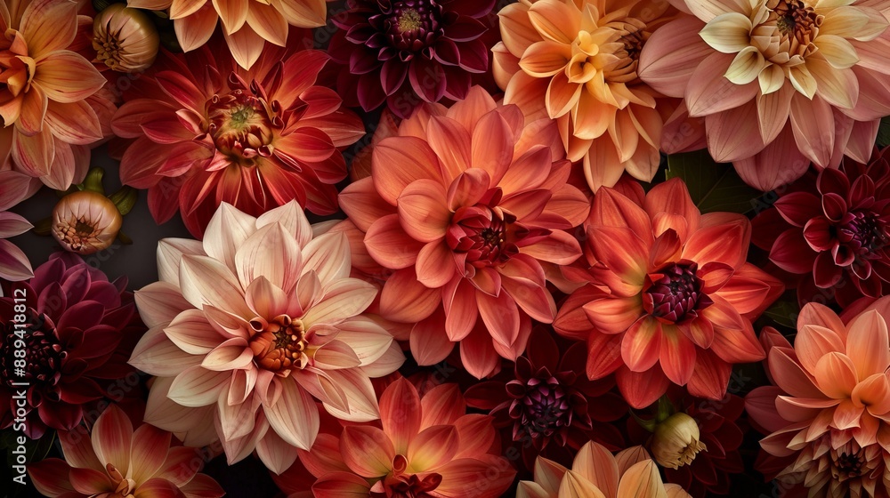 3D wallpaper depicts dahlias and peonies with soft petals. 3D wallpaper depicts dahlias and peonies with soft petals.