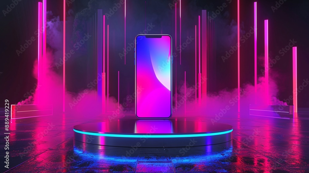 A modern 3D neon podium mockup for showcasing smartphones, featuring a laser-powered pedestal and a cyber-inspired glowing background. A modern 3D neon podium mockup for showcasing smartphones, featuring a laser-powered pedestal and a cyber-inspired glowing background.