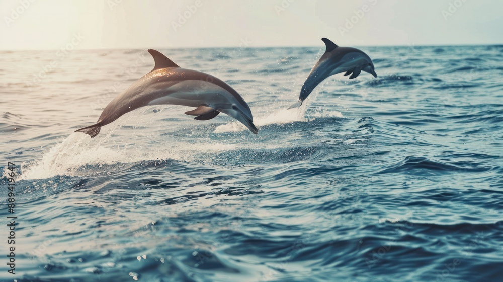 Obraz premium Dolphins jumping out of the water poster with