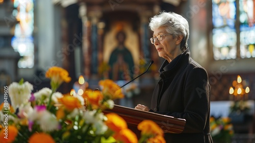 Eulogy and funeral concept. Mature woman dressed in black standing at the pulpit and giving a eulogy or sharing memories in the church, funeral flowers in the foreground.