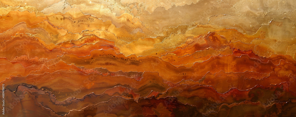 An abstract wall painting with textured layers of orange and gold, adding warmth and richness to the texture. An abstract wall painting with textured layers of orange and gold, adding warmth and richness to the texture.