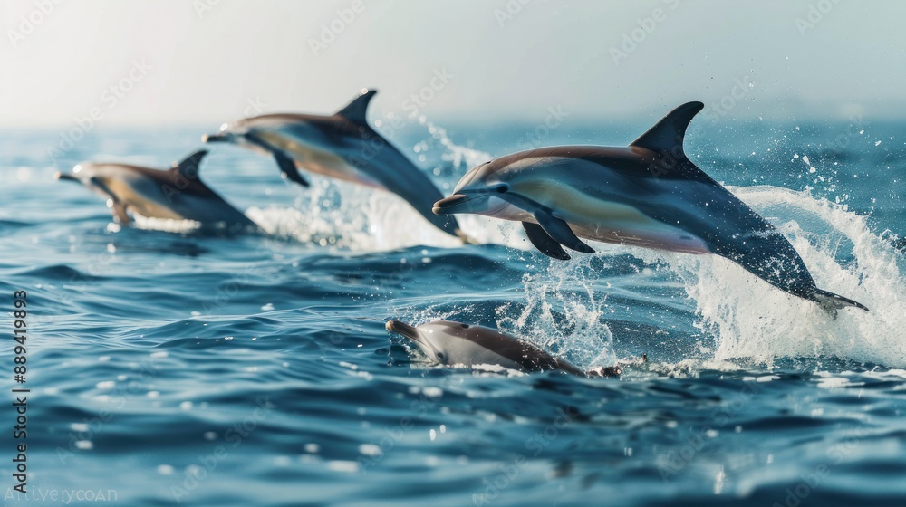 Obraz premium Dolphins jumping out of the water poster with