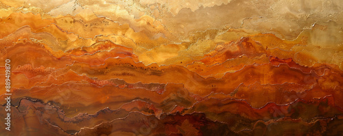 An abstract wall painting with textured layers of orange and gold, adding warmth and richness to the texture.