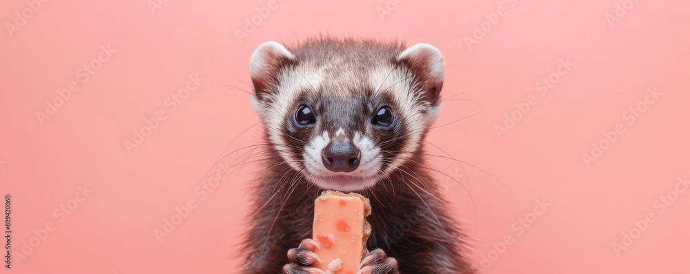 An adorable ferret holding a candy bar, set against a soft pink backdrop. The ferret's fur is sleek, and the candy bar looks tasty. An adorable ferret holding a candy bar, set against a soft pink backdrop. The ferret's fur is sleek, and the candy bar looks tasty.
