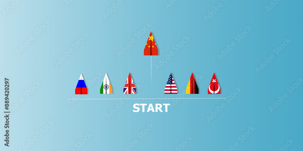 Flag of China and other countries Print on paper airplane flying from beginning, represents trade competition and tariff barriers, trade war between, global trade competition. International trade. Flag of China and other countries Print on paper airplane flying from beginning, represents trade competition and tariff barriers, trade war between, global trade competition. International trade.