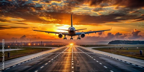 'sk dusky beautiful runways take plane passenger fly flying off aeroplane aircraft aerodrome transport transportation air cargo logistic industry business sky dusk evening nobody jet runway' photo