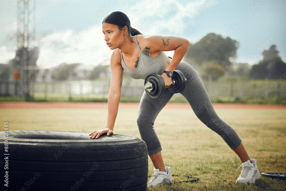 Fototapeta premium Dumbbell, exercise and weightlifting with woman outdoor in park for bodybuilding, training or workout. Equipment, fitness and power with strong athlete on field for challenge, health or performance