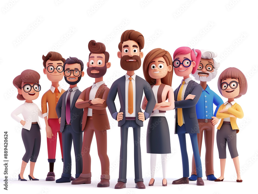 A group of people are standing in a line, all wearing suits and office clothes. 3D cartoon style illustration.
A group of people are standing in a line, all wearing suits and office clothes. 3D cartoon style illustration.