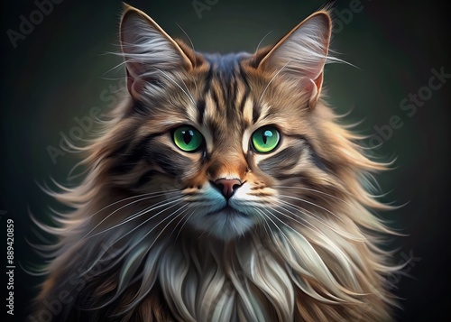 Whimsical digital artwork portrait of a beautiful Norwegian Forest cat with vibrant green eyes and soft fur on a dramatic dark background.