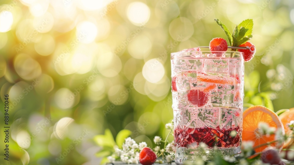 Refreshing summer cocktail with citrus and berry garnish on blurred natural background, with copy space Refreshing summer cocktail with citrus and berry garnish on blurred natural background, with copy space