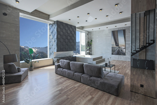 stylish minimalistic restrained modern interior of the apartment, a spacious room with a swimming pool, large panoramic windows overlooking the mountains. without people in the daytime photo