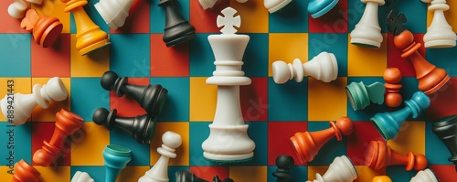 Chess tournament trophy shaped like a king piece, surrounded by colorful chess boards and pieces