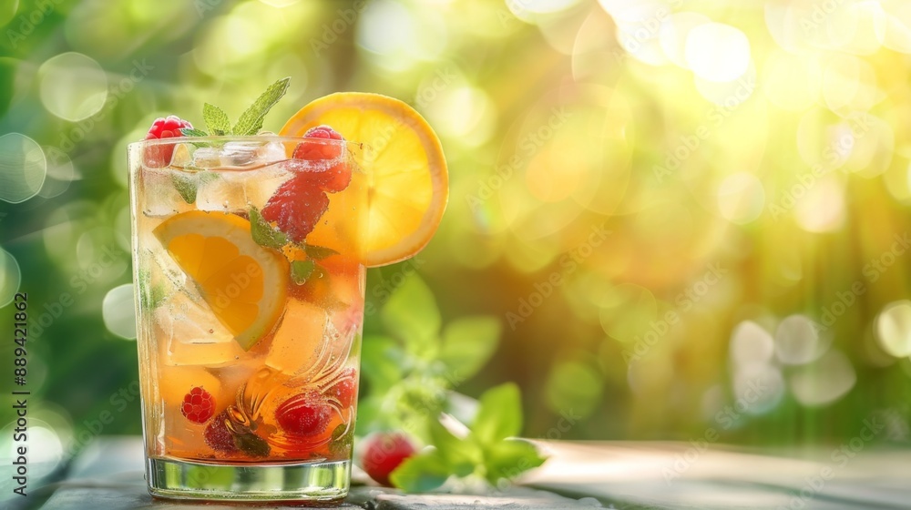 Refreshing summer cocktail with citrus and berry garnish on blurred natural background, with copy space Refreshing summer cocktail with citrus and berry garnish on blurred natural background, with copy space