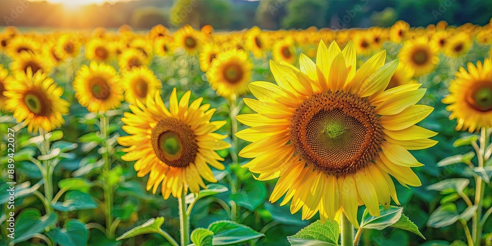 Fototapeta premium Vibrant yellow sunflowers bursting with vitality stand tall in a lush green field, exuding happiness and positivity, symbolizing confidence and radiant joy.