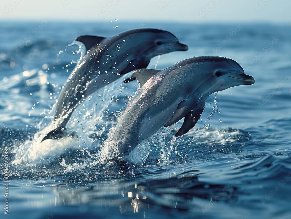 Fototapeta premium Dynamic Interaction: Dolphins Jumping with Splashes in Philippine Waters