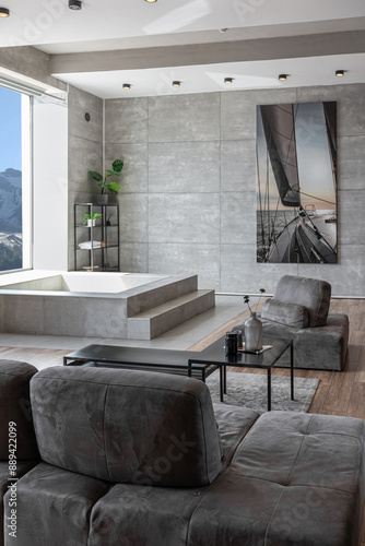 stylish minimalistic restrained modern interior of the apartment, a spacious room with a swimming pool, large panoramic windows overlooking the mountains. without people in the daytime