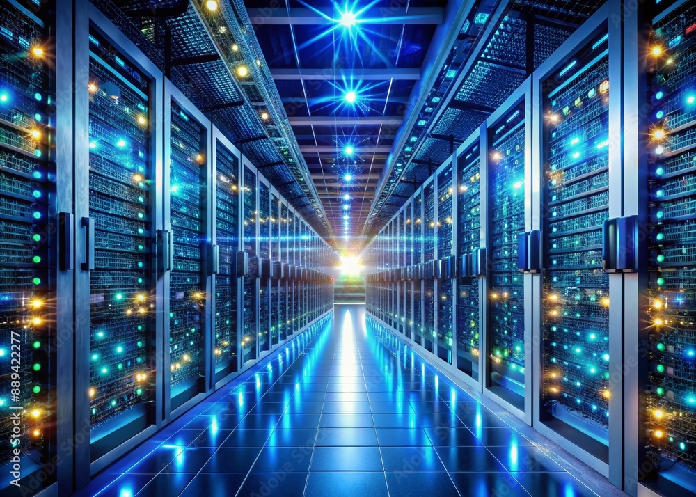 Futuristic server room filled with rows of humming machines, blinking lights, and data cables, storing vast amounts of information in a secure cloud infrastructure. Futuristic server room filled with rows of humming machines, blinking lights, and data cables, storing vast amounts of information in a secure cloud infrastructure.