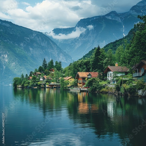 Charming fishing village nestled on the shore of a crystalclear lake, with lush green mountains in the background , ultra HD