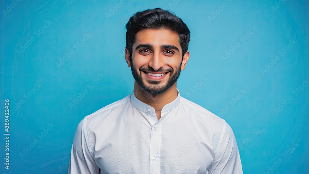 Confident young adult Arabian man stands isolated on bright blue background, beaming with happiness, wearing a crisp shirt, and posing directly at the camera with a professional smile. Confident young adult Arabian man stands isolated on bright blue background, beaming with happiness, wearing a crisp shirt, and posing directly at the camera with a professional smile.