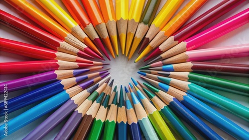 Vibrant array of colored pencils arranged in a circular pattern, showcasing diverse hues and creative possibilities, adding a pop of color to any setting.