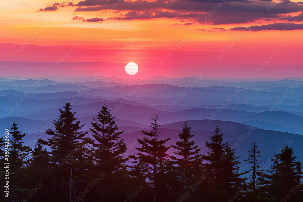 Stunning Mountain Sunset Vista with Vibrant Colors and Silhouetted Trees, Capturing the Beauty of Nature's Evening Splendor in a Serene Landscape Stunning Mountain Sunset Vista with Vibrant Colors and Silhouetted Trees, Capturing the Beauty of Nature's Evening Splendor in a Serene Landscape