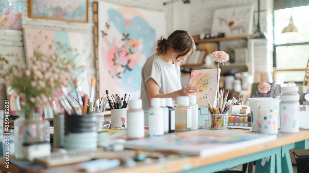 A female artist engrossed in painting within a bright and colorful studio, surrounded by art supplies and finished artworks. A female artist engrossed in painting within a bright and colorful studio, surrounded by art supplies and finished artworks.