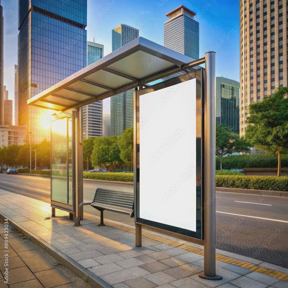 Empty advertising billboard at a bustling city bus stop, surrounded by urban scenery, offering a blank canvas for your designs or marketing messages. Empty advertising billboard at a bustling city bus stop, surrounded by urban scenery, offering a blank canvas for your designs or marketing messages.