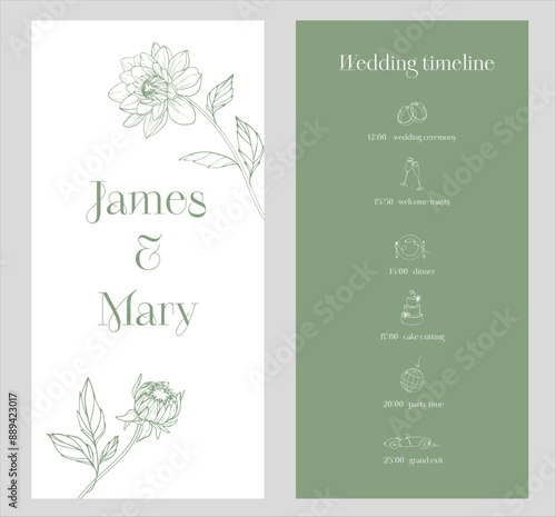 Wedding timeline template with one line concept. Organization and planning of wedding day. Ceremony, cutting cake, dinner, party time, coctails	