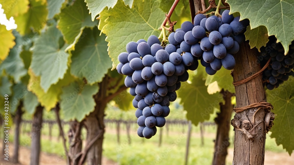 Fototapeta premium Ripe Grapes in Lush Vineyard Vibrant Purple and Green Harvest