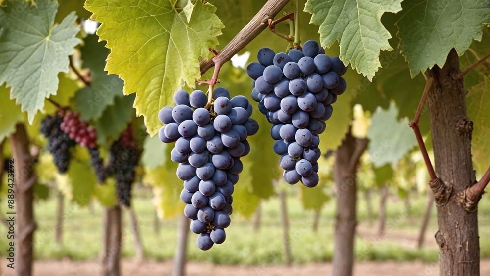Fototapeta premium Ripe Grapes in Lush Vineyard Vibrant Purple and Green Harvest