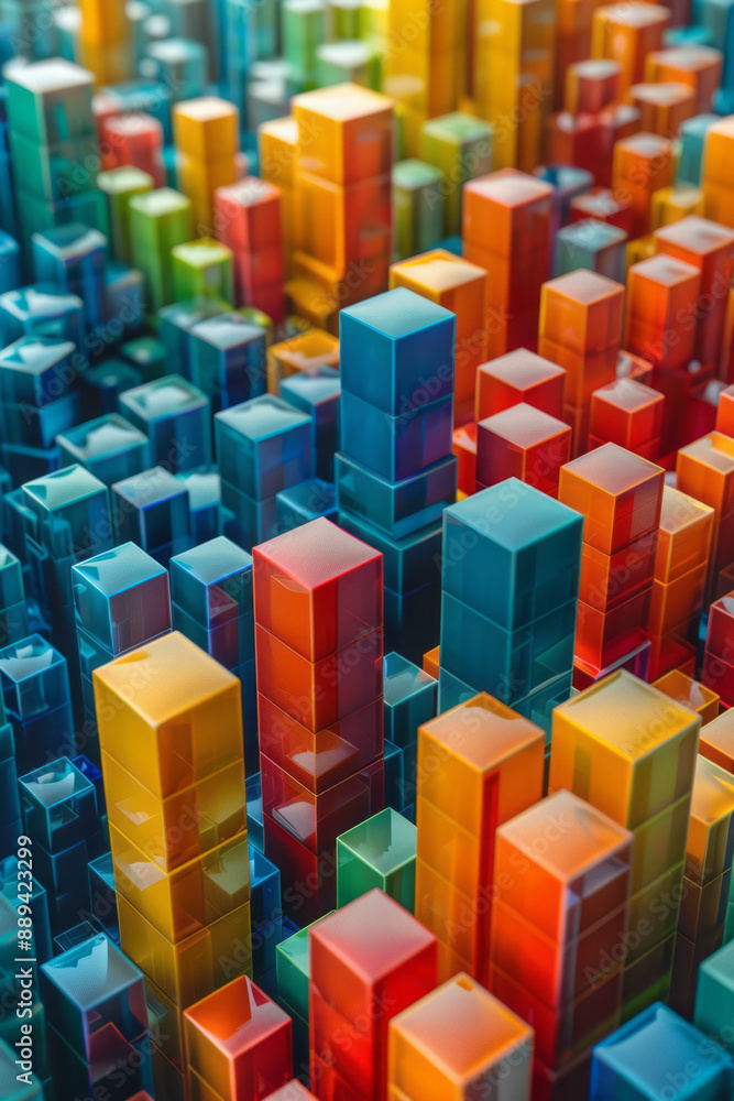Obraz premium Interlocking 3D cubes in a variety of bright colors, forming an intricate geometric pattern against a plain white background,