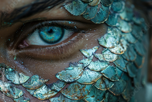 Abstract close-up of a personâ€™s face partially covered in metallic fish scales, against a light gray background,