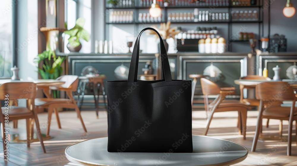 A black purse sits on a table in a restaurant. The purse is the main focus of the image, and it is a designer bag. The restaurant is well-lit and has a modern, stylish atmosphere A black purse sits on a table in a restaurant. The purse is the main focus of the image, and it is a designer bag. The restaurant is well-lit and has a modern, stylish atmosphere