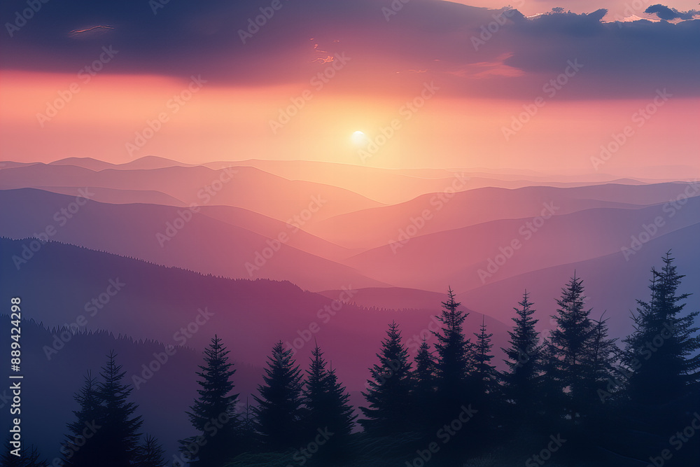 Stunning Mountain Sunset Vista with Vibrant Colors and Silhouetted Trees, Capturing the Beauty of Nature's Evening Splendor in a Serene Landscape Stunning Mountain Sunset Vista with Vibrant Colors and Silhouetted Trees, Capturing the Beauty of Nature's Evening Splendor in a Serene Landscape