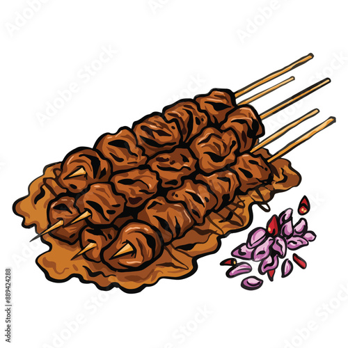 Sate ayam saus kacang. Chicken satay food illustration isolated on square white background. Flat outlined indonesian food with cartoon art styled drawing.