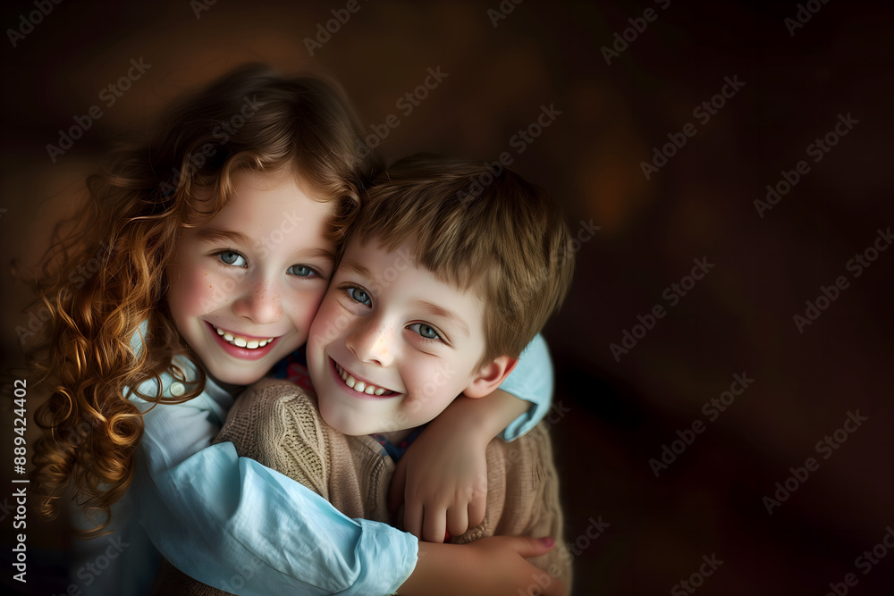 portrait of smiling brunette kids; close-up to girl and boy faces; siblings hugging sitting on the bed and looking directly at the photographer; copy space for text portrait of smiling brunette kids; close-up to girl and boy faces; siblings hugging sitting on the bed and looking directly at the photographer; copy space for text