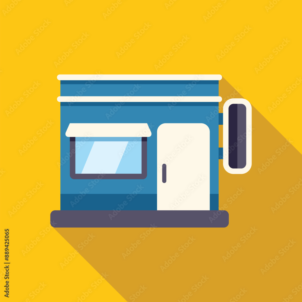 Small business building facade with awning and signboard is standing on yellow background Small business building facade with awning and signboard is standing on yellow background