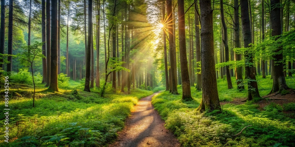 Fototapeta premium A serene forest landscape with a litter-free trail, showcasing the positive impact of environmental activism, with lush greenery and a calm atmosphere prevailing.