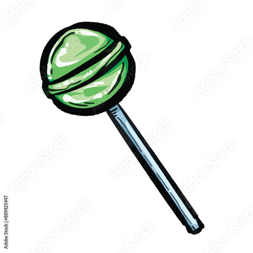 Green melon or lime flavored lolipop candy illustration isolated on square white background. Flat outlined cartoon art styled drawing.