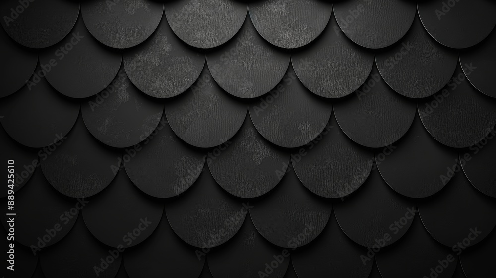 Dark 3D background with a Fish Scale block structure. Wall texture with 3D tile pattern. Dark 3D background with a Fish Scale block structure. Wall texture with 3D tile pattern.