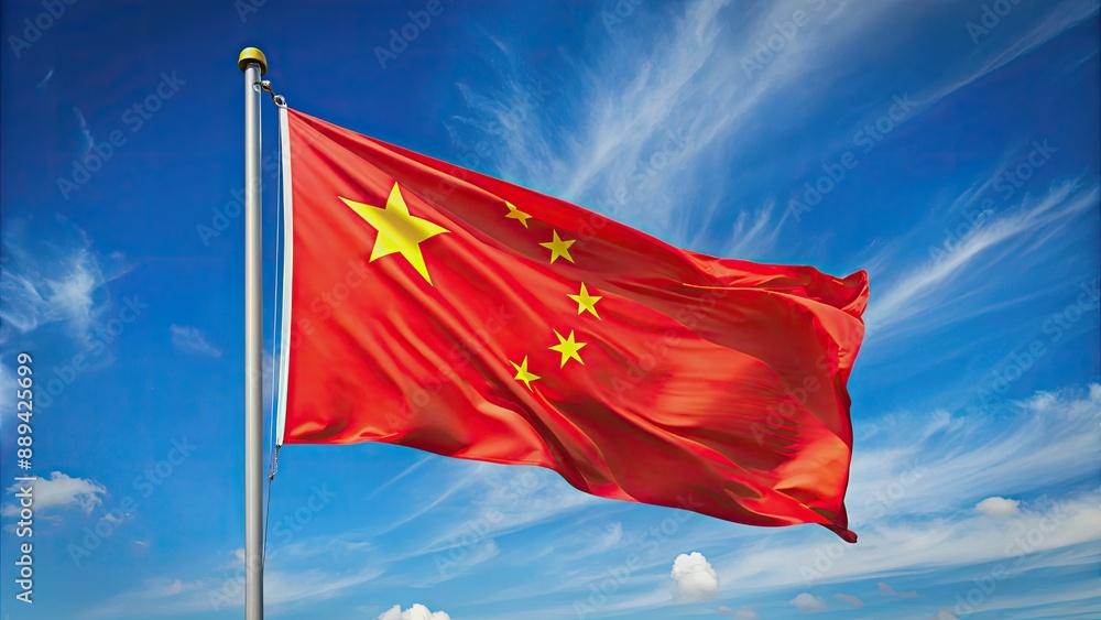 Vibrant red Chinese national flag waving proudly against a bright blue cloudless sky with fluttering edges and a subtle sense of movement. Vibrant red Chinese national flag waving proudly against a bright blue cloudless sky with fluttering edges and a subtle sense of movement.