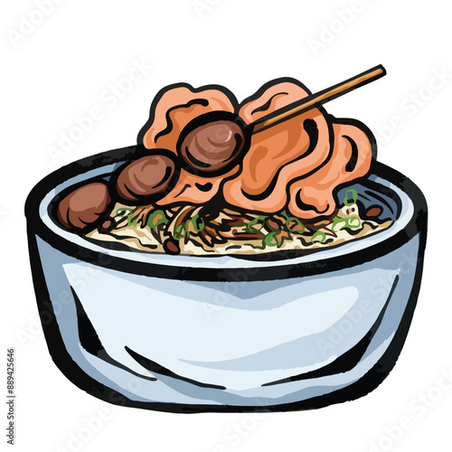 Bubur ayam with sweet soy sauced quail egg satay skewer and crackers. Chicken porridge bowl food illustration isolated on square white background. Flat outlined cartoon art styled drawing.