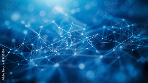 A digital representation of a network or web. It consists of interconnected nodes, represented by white dots, forming a complex mesh against a deep blue background