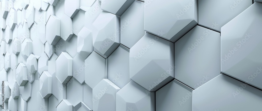 A panoramic wallpaper of random honeycomb hexagons with copy space on a white honeycomb hexagon background. A panoramic wallpaper of random honeycomb hexagons with copy space on a white honeycomb hexagon background.
