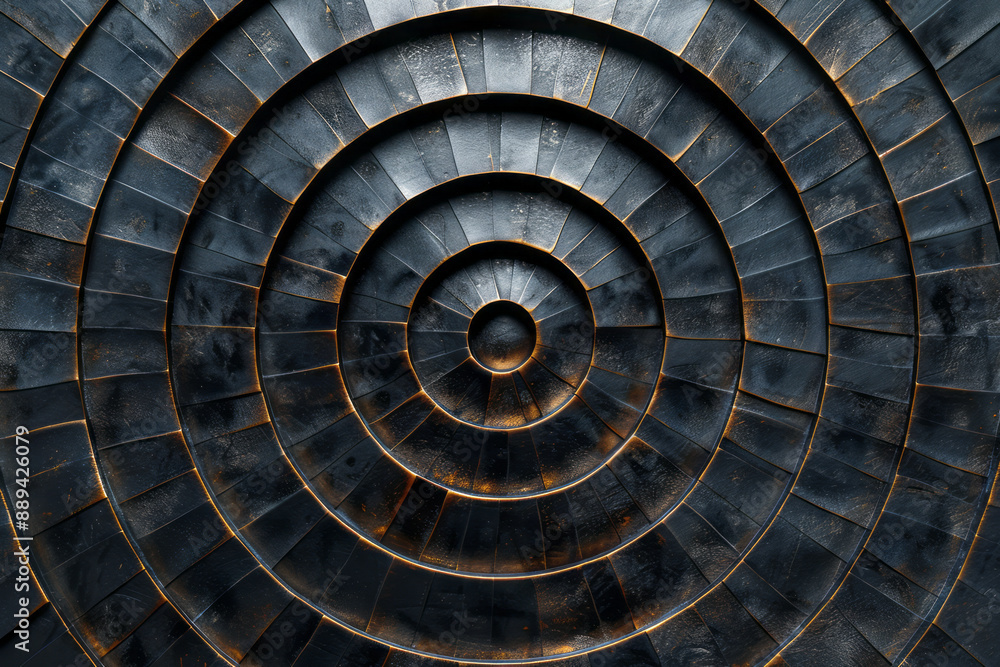 Fototapeta premium Dynamic concentric circular pattern with a reflective metallic finish, creating a visually striking effect on a dark background,